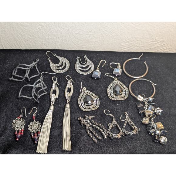 Lot of Ten Pair Silver Tone Black Theme Pierced Earrings - Picture 2 of 12